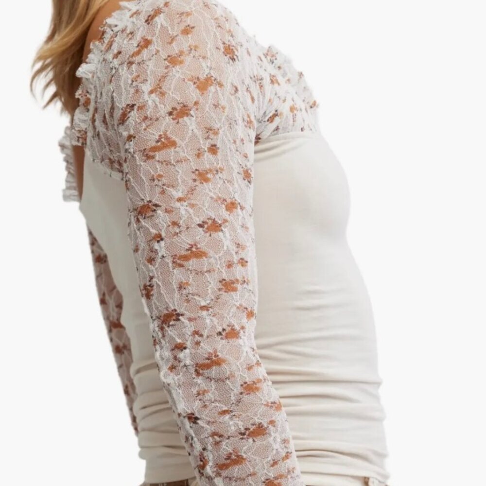 Free People Josie Lace Long Sleeve Shirt XS Tea Combo NWT Retail $68 - Picture 3 of 6